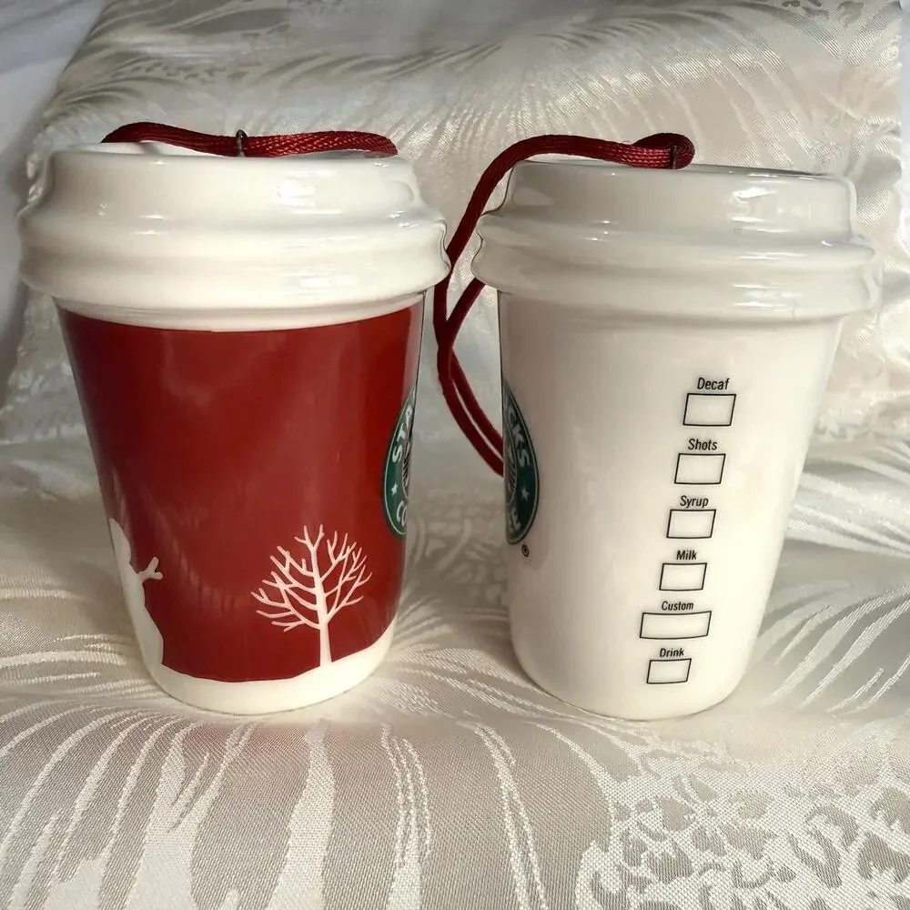 Starbucks 2006 Holiday Christmas Ornaments Set of 2 Travel To Go Cups Ceramic